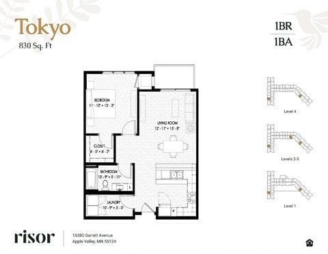 Floor plan for 1 bed, 1 bath, 830 sqft